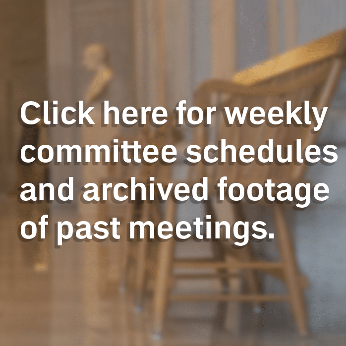 Linked photo of Capitol hallway with superimposed text: Click here for weekly committee schedules and archived footage of past meetings.